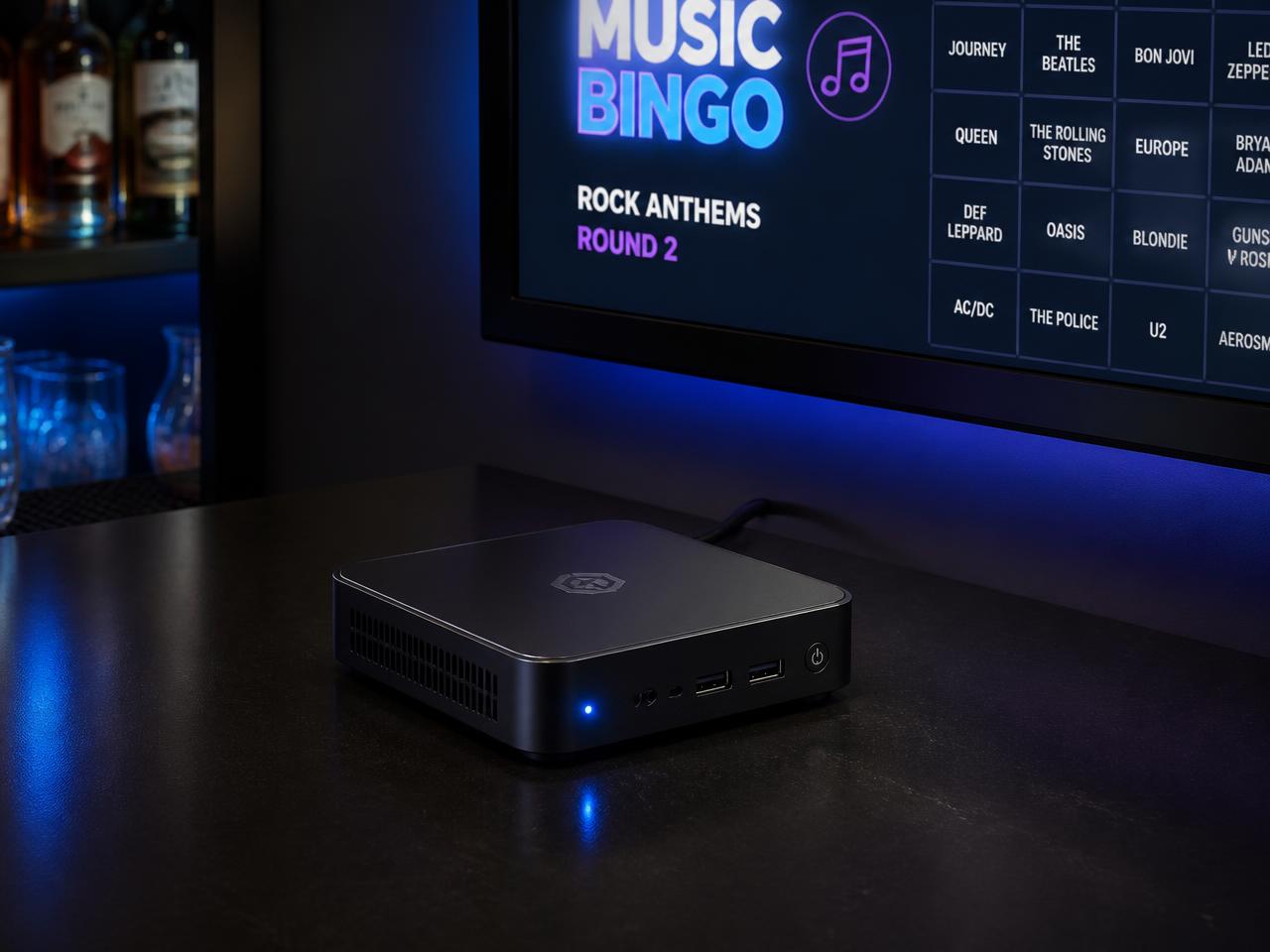 EventBox-boksen: en lille sort mini-pc på en bardisk med musikbingo på TV'et