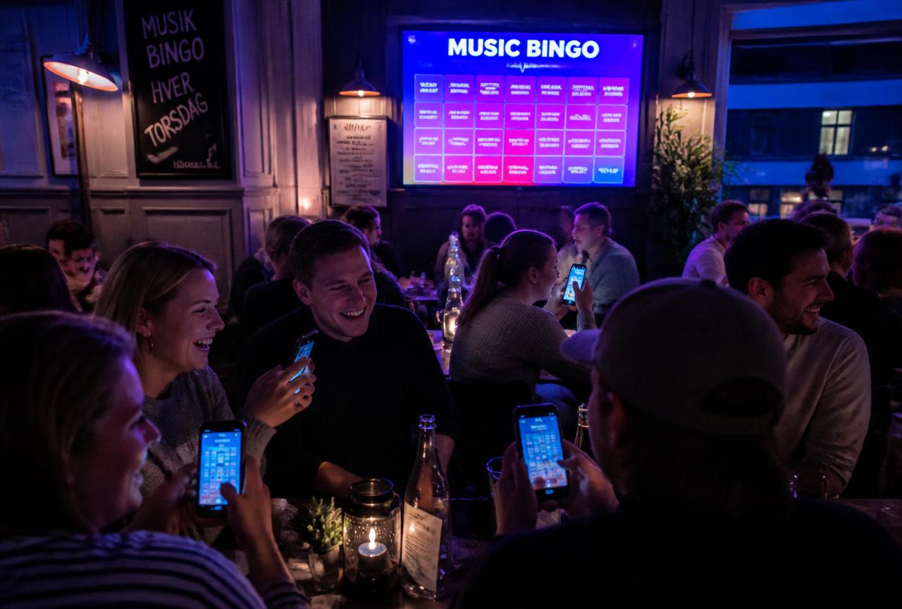 Gæster spiller musikbingo i en bar med EventBox på storskærmen